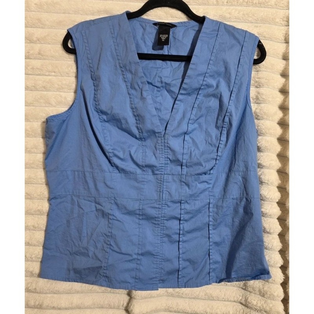 Moda International Blue Sleeveless V-Neck Snap Front Blouse Top XL Cotton Blend